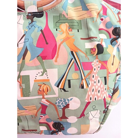 VTG Neiman Marcus Fashion Diva Green Cotton Print Tote Bamboo Ring Handle - Picture 10 of 11